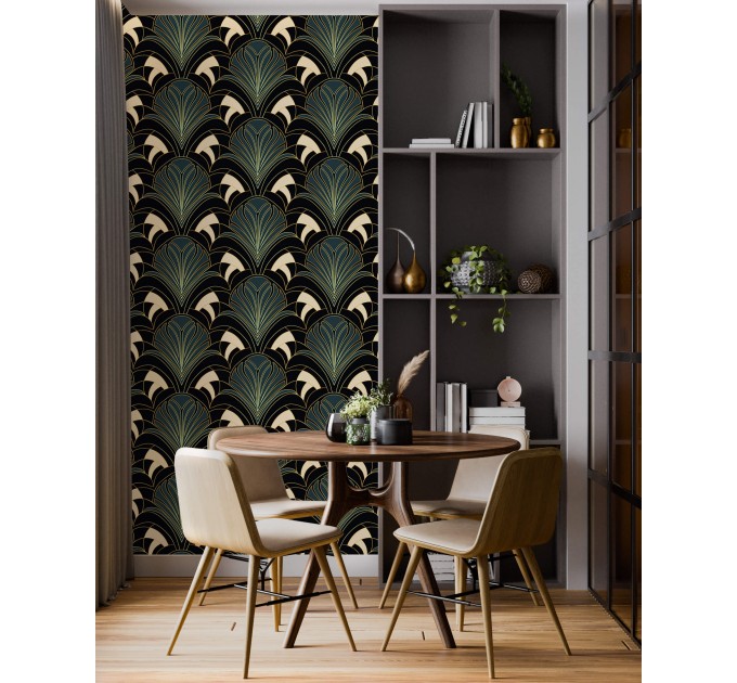 Art deco wallpaper fans dark teal elegant decor