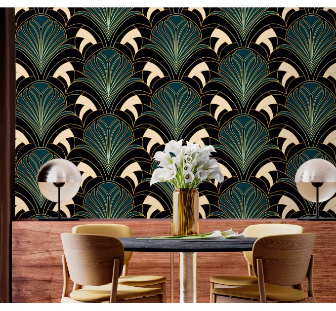 Art deco wallpaper fans dark teal elegant decor