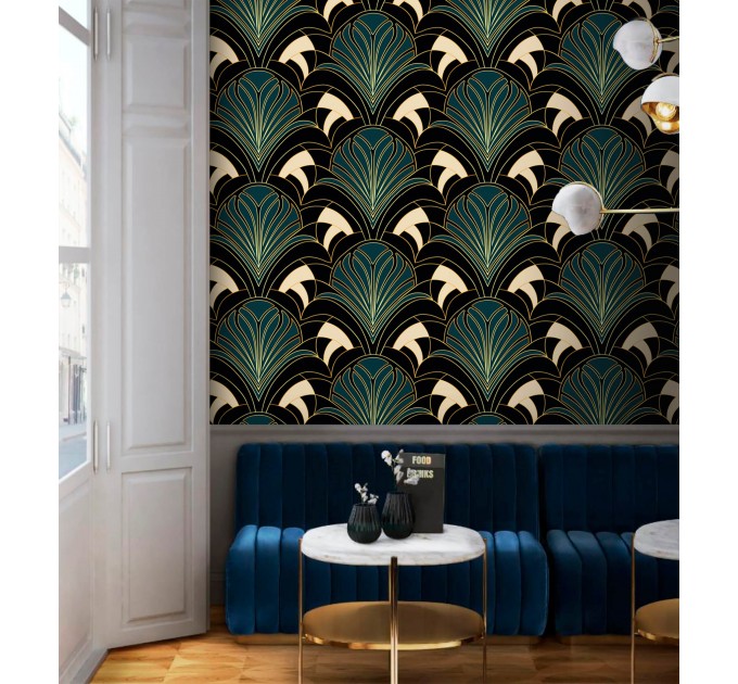 Art deco wallpaper fans dark teal elegant decor