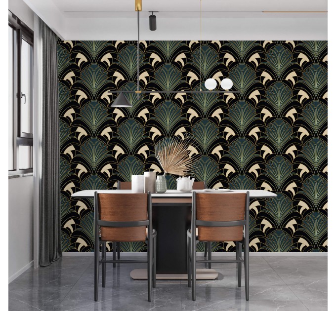 Art deco wallpaper fans dark teal elegant decor