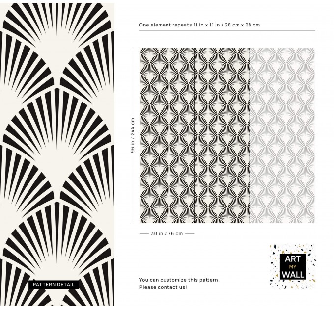 Art deco wallpaper fans black and white Peel and stick removable or Traditional non woven