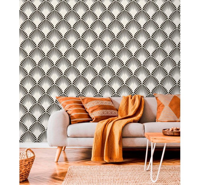 Art deco wallpaper fans black and white Peel and stick removable or Traditional non woven