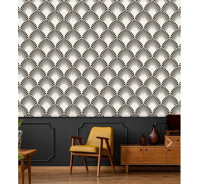 Art deco wallpaper fans black and white Peel and stick removable or Traditional non woven