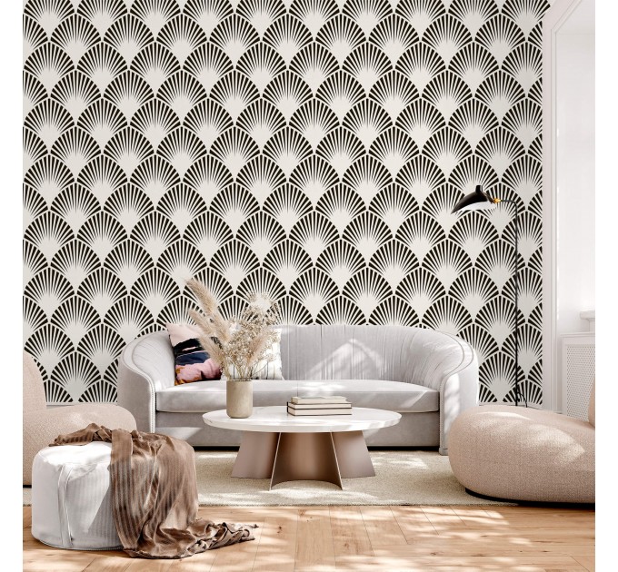 Art deco wallpaper fans black and white Peel and stick removable or Traditional non woven