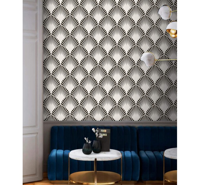 Art deco wallpaper fans black and white Peel and stick removable or Traditional non woven