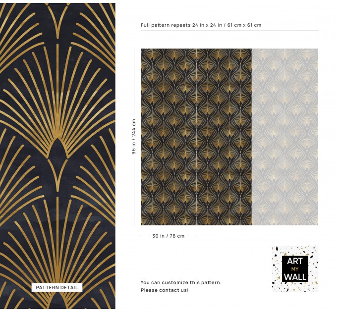 Art deco wallpaper fans black gold non metallic luxury wallpaper Peel and stick removable or Traditional