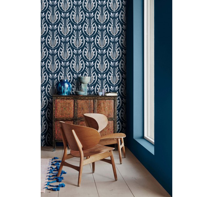 Art Deco style wallpaper dark blue Peel and stick removable or Traditional non woven wallpaper