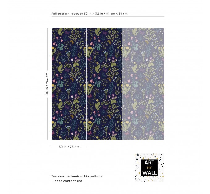 Dark floral wallpaper botanical herbs and wildflowers Peel and stick or Traditional non woven wallpaper