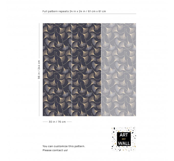 Dark purple wallpaper ginkgo leaves gold non metallic Peel and stick or Traditional elegant accent wallpaper