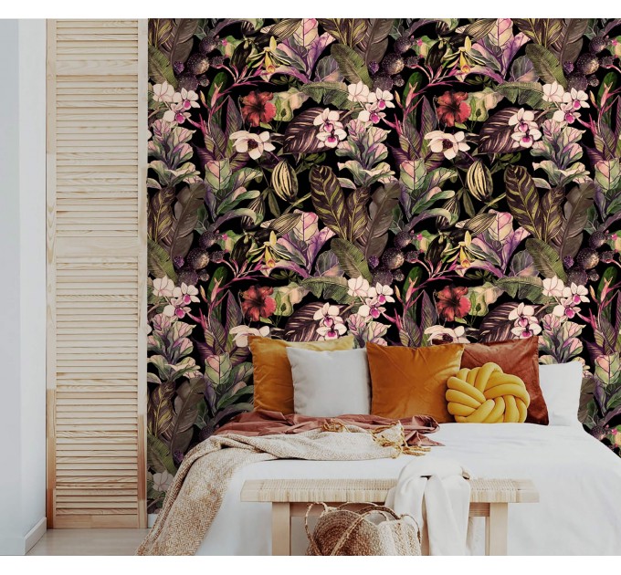 Dark tropical wallpaper exotic flowers Peel and stick or Traditional non woven wallpaper watercolor leaves and flowers