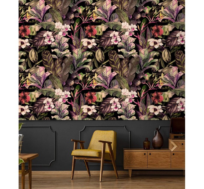 Dark tropical wallpaper exotic flowers Peel and stick or Traditional non woven wallpaper watercolor leaves and flowers