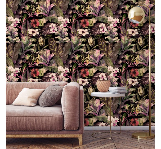 Dark tropical wallpaper exotic flowers Peel and stick or Traditional non woven wallpaper watercolor leaves and flowers