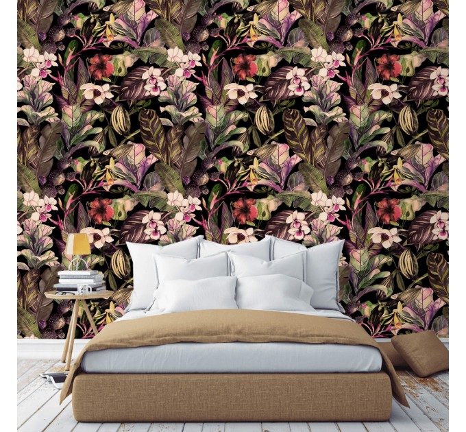 Dark tropical wallpaper exotic flowers Peel and stick or Traditional non woven wallpaper watercolor leaves and flowers