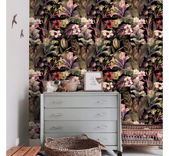 Dark tropical wallpaper exotic flowers Peel and stick or Traditional non woven wallpaper watercolor leaves and flowers