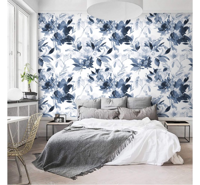 Floral wallpaper watercolor blue white flowers Peel and stick removable or Traditional accent wallpaper