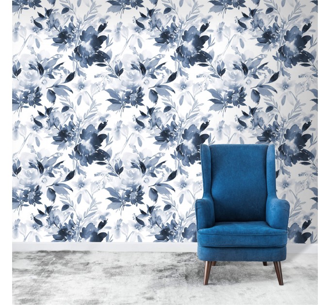 Floral wallpaper watercolor blue white flowers Peel and stick removable or Traditional accent wallpaper