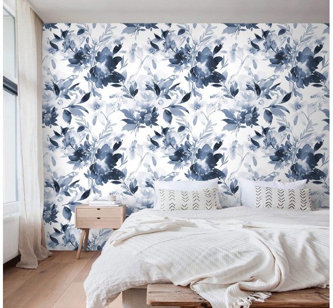 Floral wallpaper watercolor blue white flowers Peel and stick removable or Traditional accent wallpaper