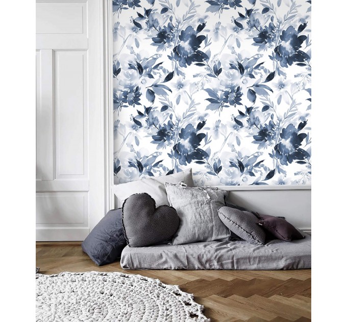 Floral wallpaper watercolor blue white flowers Peel and stick removable or Traditional accent wallpaper