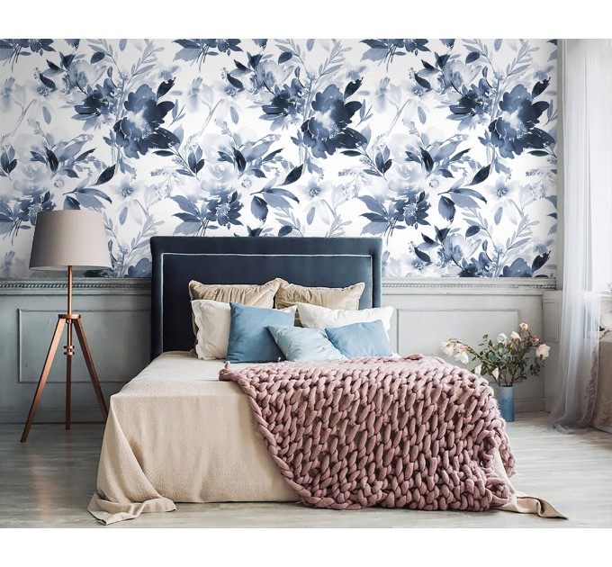 Floral wallpaper watercolor blue white flowers Peel and stick removable or Traditional accent wallpaper