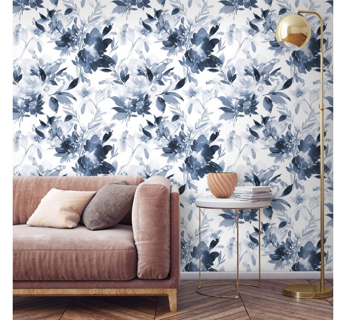 Floral wallpaper watercolor blue white flowers Peel and stick removable or Traditional accent wallpaper