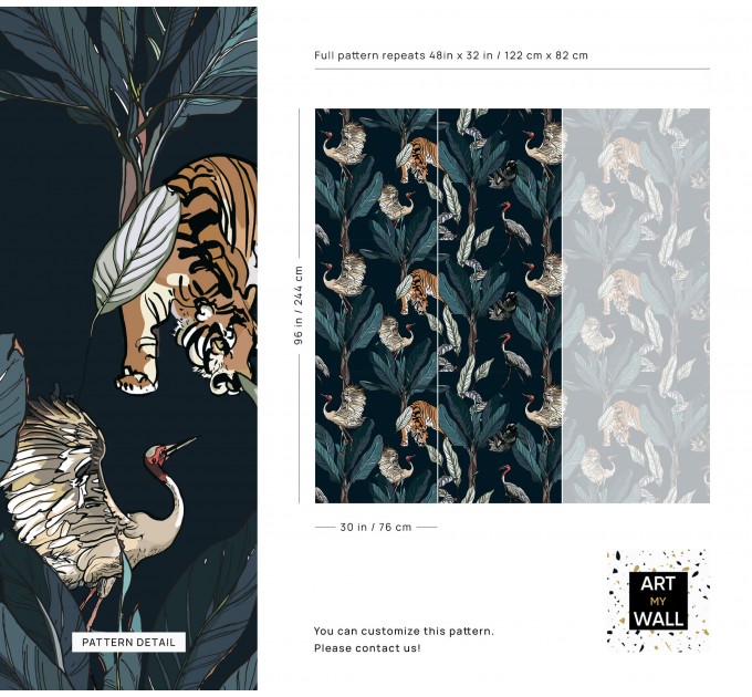 Wallpaper tigers and birds in dark jungle Peel and stick removable or Traditional accent wallpaper