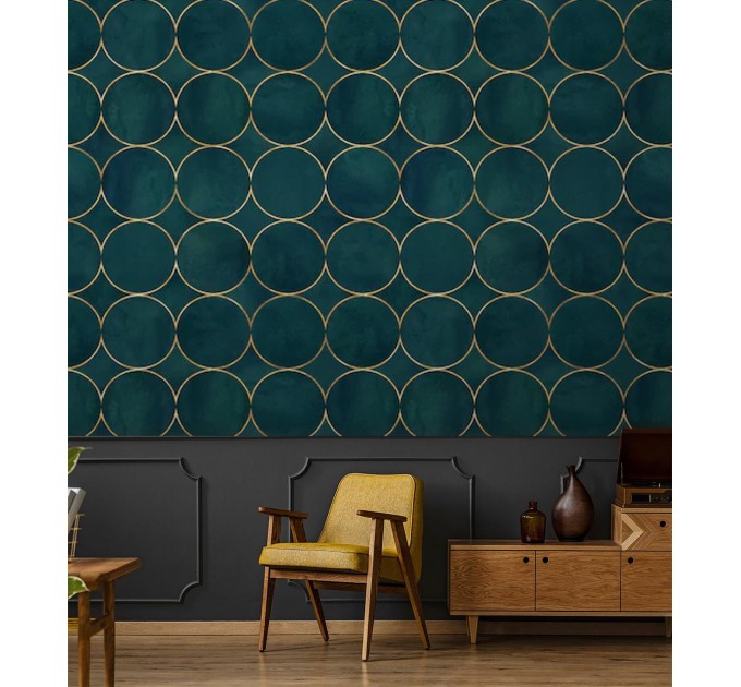 Art deco dark green wallpaper gold circles non metallic