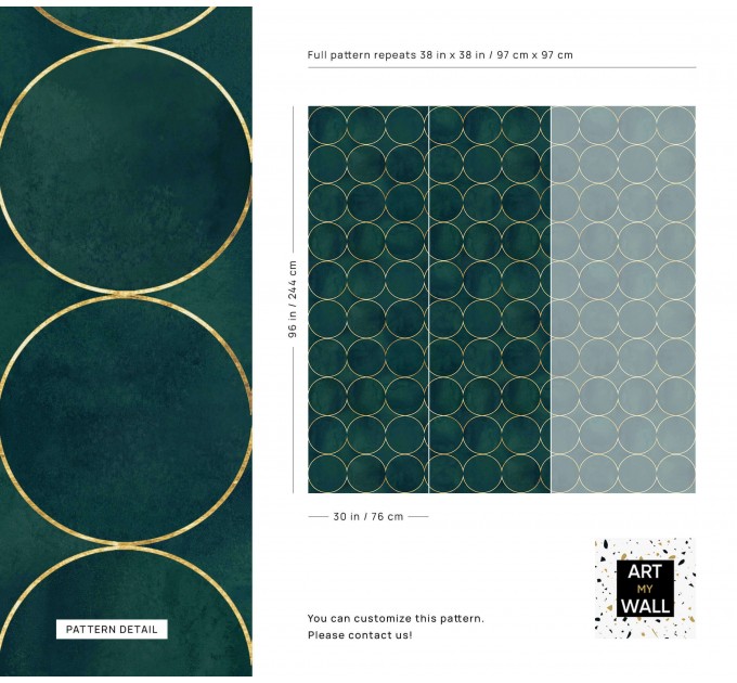 Art deco dark green wallpaper gold circles non metallic