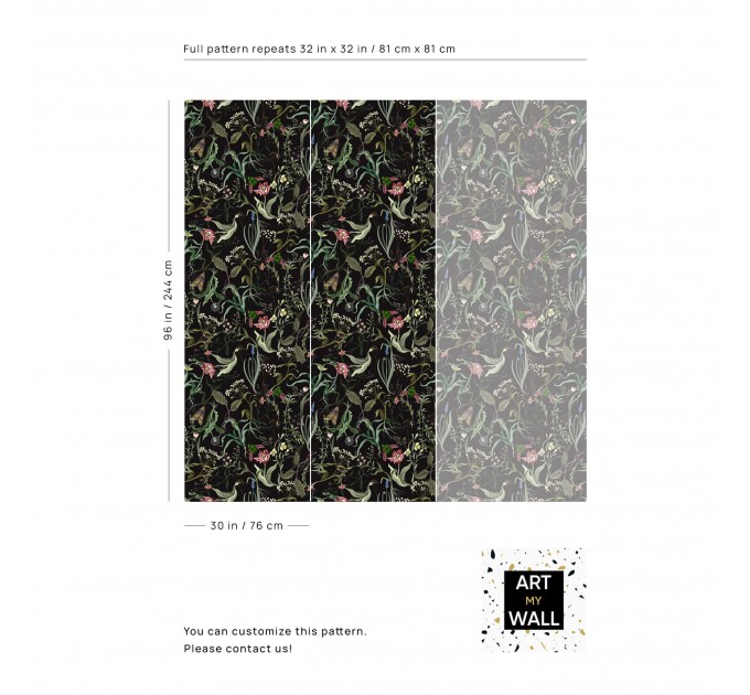 Dark floral wallpaper secret garden Leaves and flowers Peel and stick removable or Traditional wallpaper