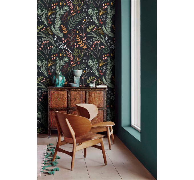 Botanical wallpaper leaves Peel and stick removable or Traditional non woven wallpaper herbs on dark