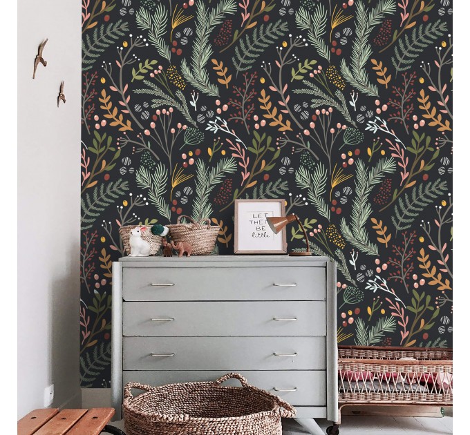 Botanical wallpaper leaves Peel and stick removable or Traditional non woven wallpaper herbs on dark