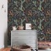 Botanical wallpaper leaves Peel and stick removable or Traditional non woven wallpaper herbs on dark