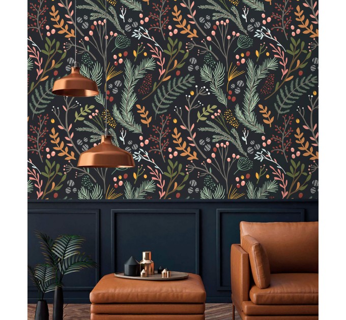 Botanical wallpaper leaves Peel and stick removable or Traditional non woven wallpaper herbs on dark