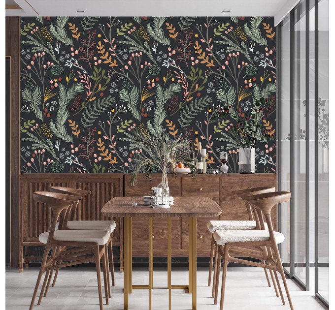 Botanical wallpaper leaves Peel and stick removable or Traditional non woven wallpaper herbs on dark