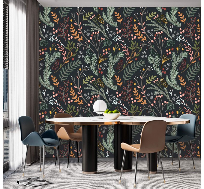 Botanical wallpaper leaves Peel and stick removable or Traditional non woven wallpaper herbs on dark