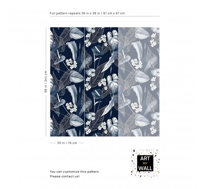 Floral wallpaper dark blue white flowers Peel and stick removable or Traditional non woven accent wallpaper