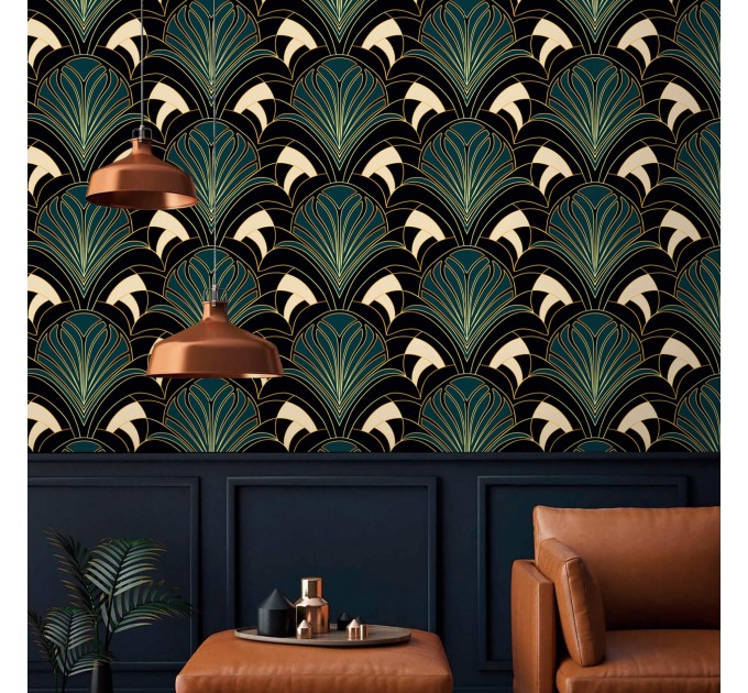 Art deco wallpaper fans dark teal elegant decor