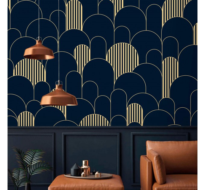 Art deco wallpaper geometric dark blue arches