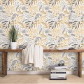 Vintage botanical wallpaper mustard yellow gray floral