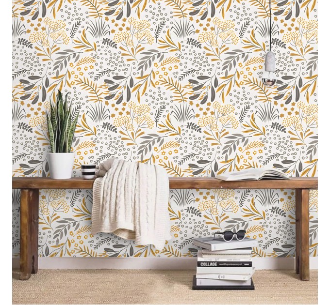 Vintage botanical wallpaper mustard yellow gray floral