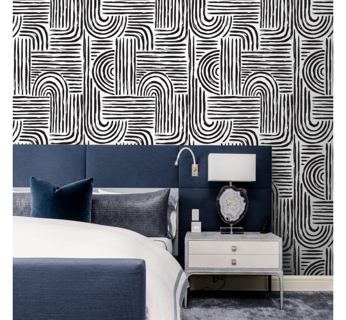 Abstract wallpaper black and white lines Peel and stick removable or Traditional non woven wallpaper