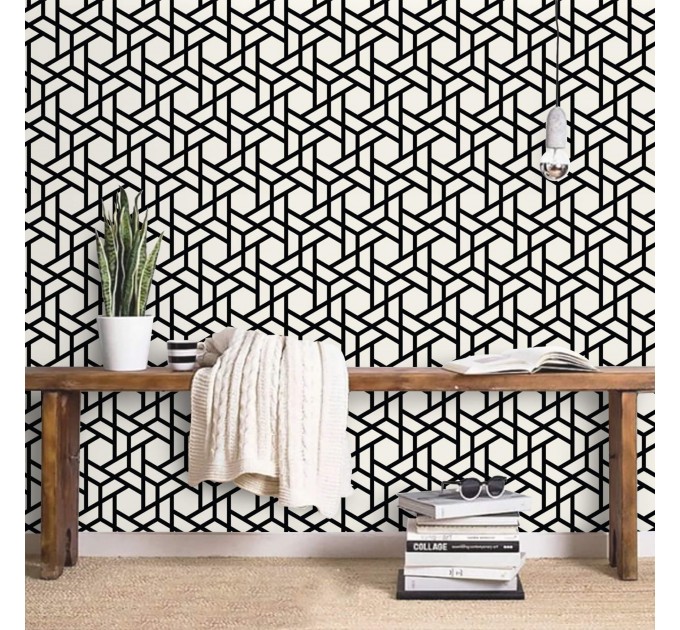 Geometric wallpaper black and white Peel and stick removable or Traditional non woven