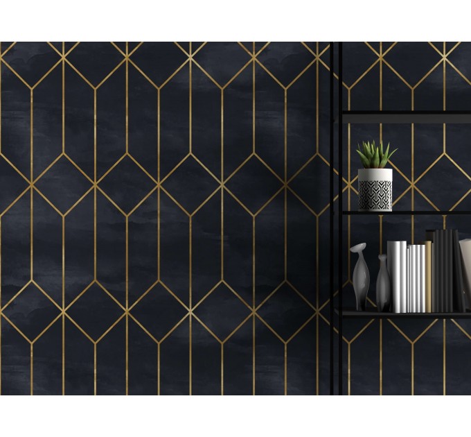 Art deco black gold non metallic luxury wallpaper Peel and stick removable or Traditional accent dark wall