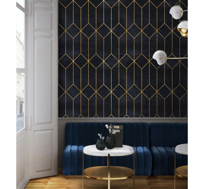 Art deco black gold non metallic luxury wallpaper Peel and stick removable or Traditional accent dark wall