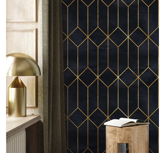 Art deco black gold non metallic luxury wallpaper Peel and stick removable or Traditional accent dark wall