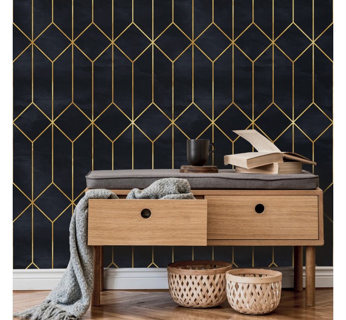 Art deco black gold non metallic luxury wallpaper Peel and stick removable or Traditional accent dark wall