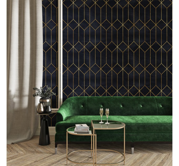 Art deco black gold non metallic luxury wallpaper Peel and stick removable or Traditional accent dark wall