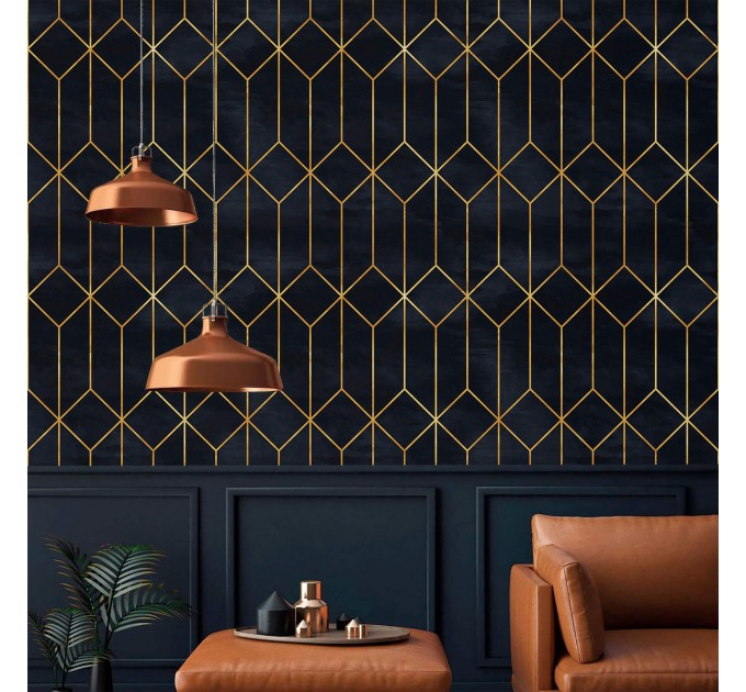 Art deco black gold non metallic luxury wallpaper Peel and stick removable or Traditional accent dark wall