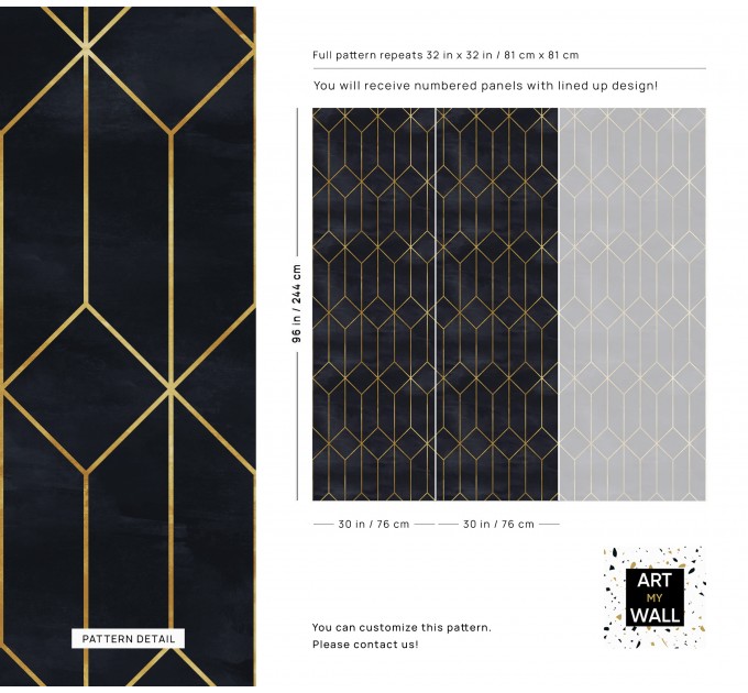 Art deco black gold non metallic luxury wallpaper Peel and stick removable or Traditional accent dark wall