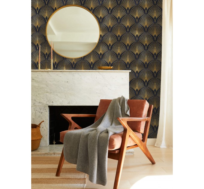 Art deco wallpaper fans black gold non metallic luxury wallpaper Peel and stick removable or Traditional