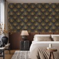 Art deco wallpaper fans black gold non metallic luxury wallpaper Peel and stick removable or Traditional